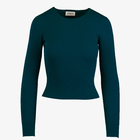 Peacock blue ribbed long sleeve top for women
