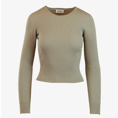 Beige ribbed top with long sleeves for women