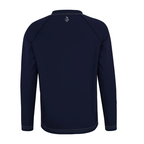 Back of a Navy long sleeve rash guard for children featuring a soft and lightweight fabric
