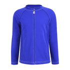 Display of a kid's long sleeve bright blue rash guard with a zip-up front
