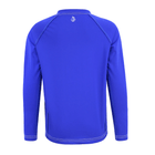 Back of Blue long sleeve rash guard for kids made from water resistant material