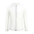 Front view of a white long sleeve rash guard with zipper for children