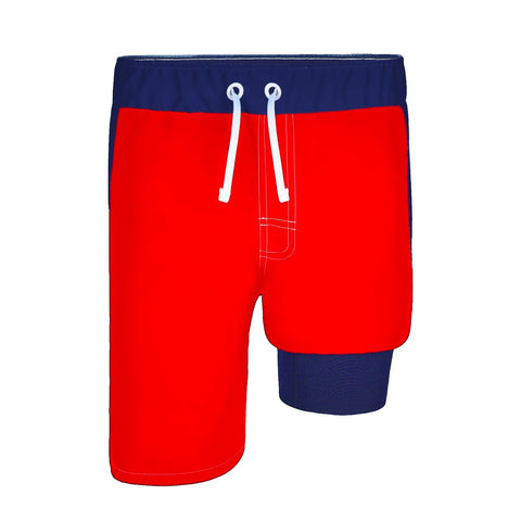 Boys Close-up of boys' slim fit red swim trunks blue accents