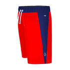 Side view of boys' red and blue swim shorts 