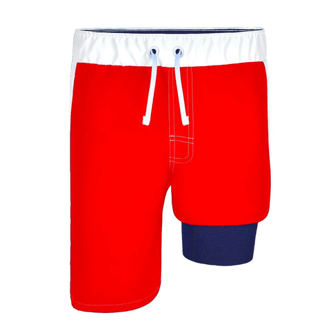 Boys' swimwear featuring red and white design with a comfortable slim fit