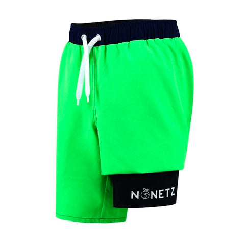 Boys' neon green Wave swim trunks with black liner showing logo detail
