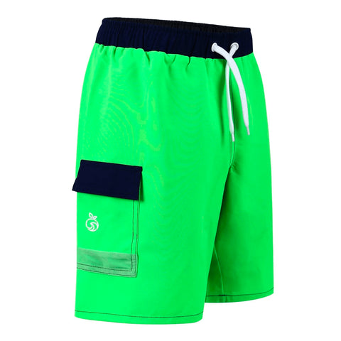 Boys' neon green Wave swim shorts with a navy pocket detail