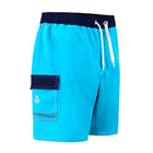 Side view of blue Wave swim shorts with a side pocket for boys