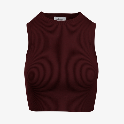 The Women's Camille Ribbed Crop Top displayed in a rich maroon shade