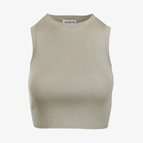 The Women's Camille Ribbed Crop Top showcased in a cement (tan) hue