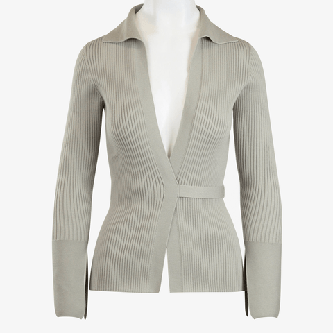 The front view of the Women's Delancey Wrap Sweater displayed in a versatile gray tone