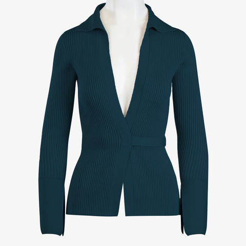 Front view of the Women's Delancey Wrap Sweater in peacock blue