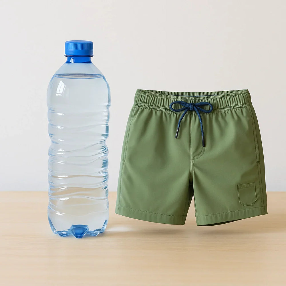A water bottle and a swim trunk made from water bottles