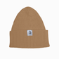 Beige knit beanie with a logo tag on a white background