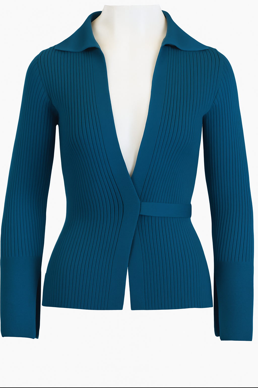 Blue ribbed sweater on a mannequin against a white background