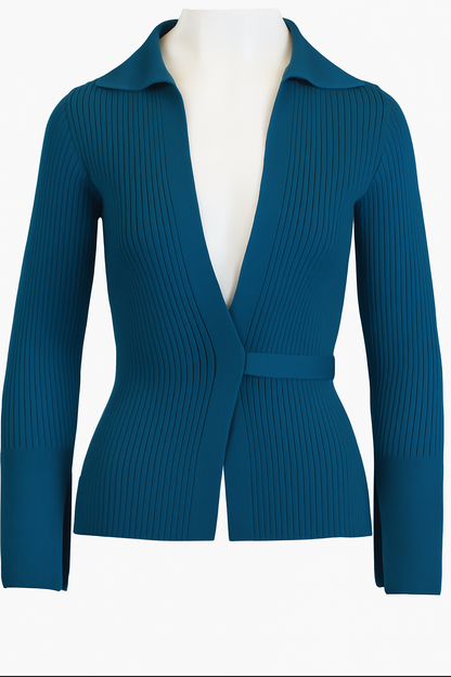 Blue ribbed sweater on a mannequin against a white background