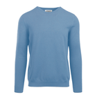Close-up of the men's crew neck sweater in blue, crafted from saw dust