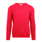 Front detail of the red men's crew neck sweater made from saw dust