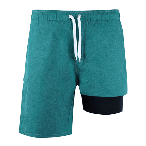 Haven Swim Trunks in teal displayed flat showing the black liner on the leg