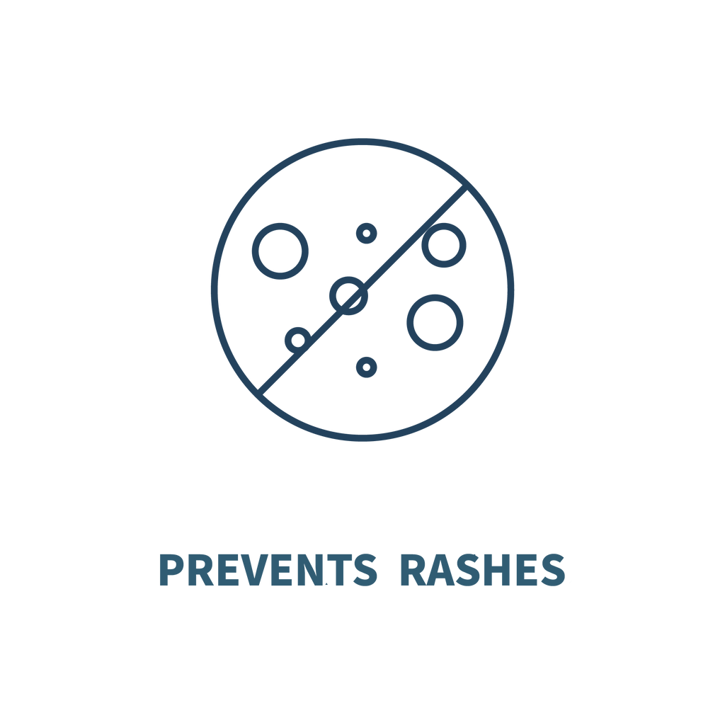 cartoon of small circles in a larger circle with a diagonal line through it indicating no rashes