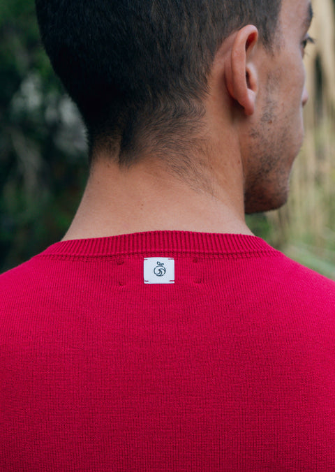 Back of Model showcasing the men's crew neck sweater in red