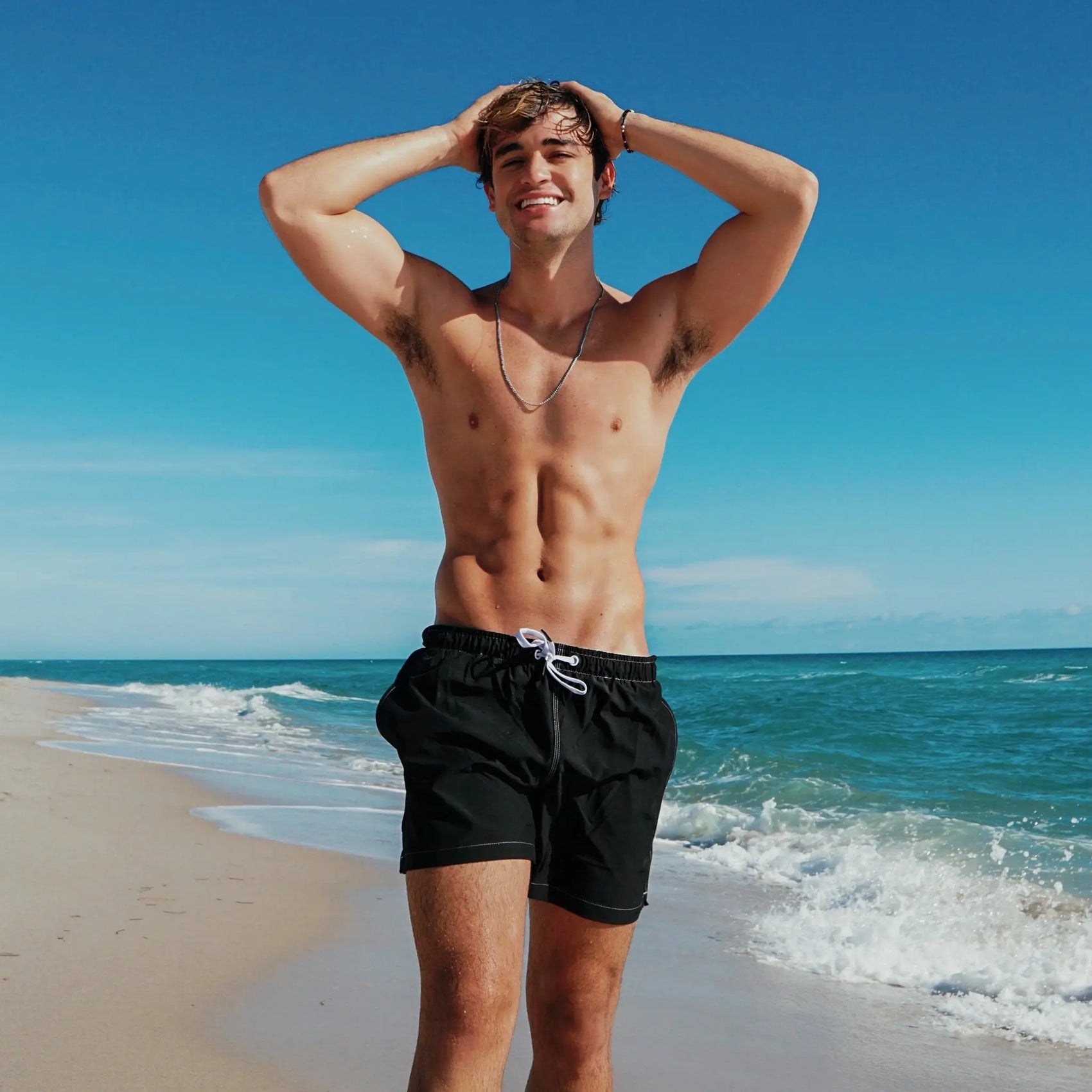 ethically made clothing man in black swim trunks