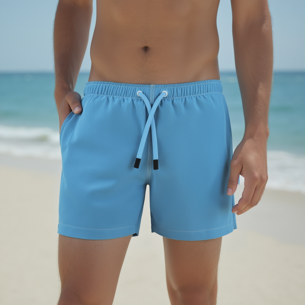 Man in blue swim trunk on a beach