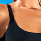 Close-up of the Women's Suzy Bikini Top in black sustainability and fashion