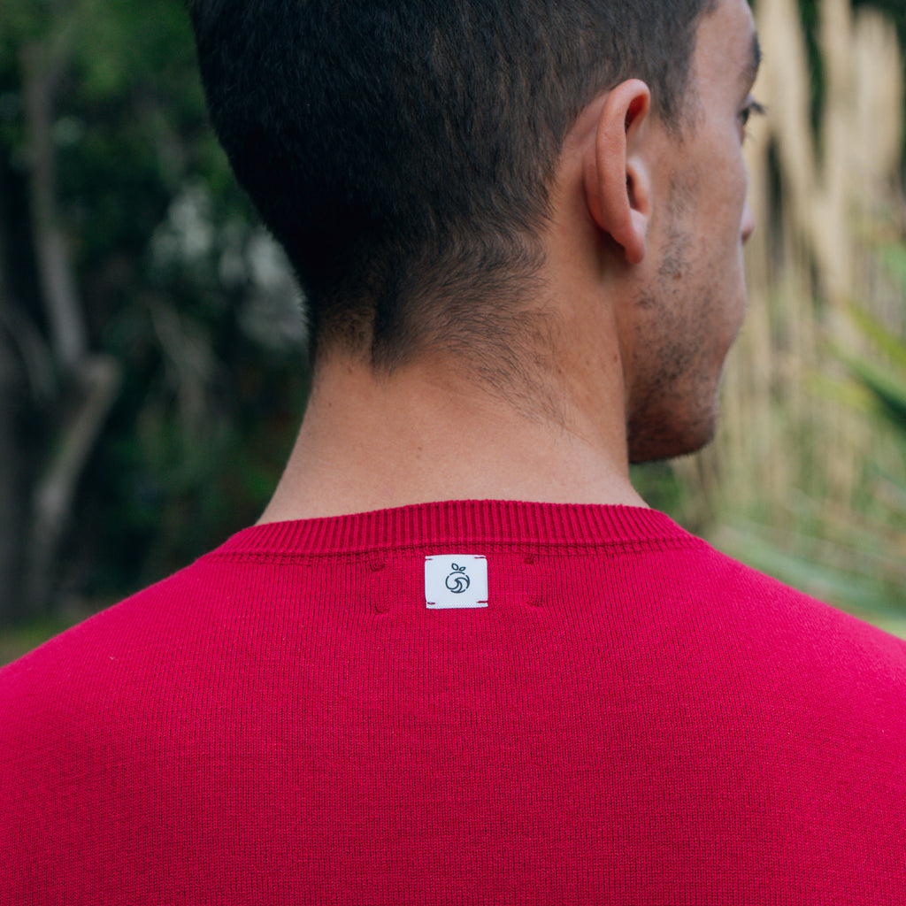 Back neck detail of a red crew neck sweater
