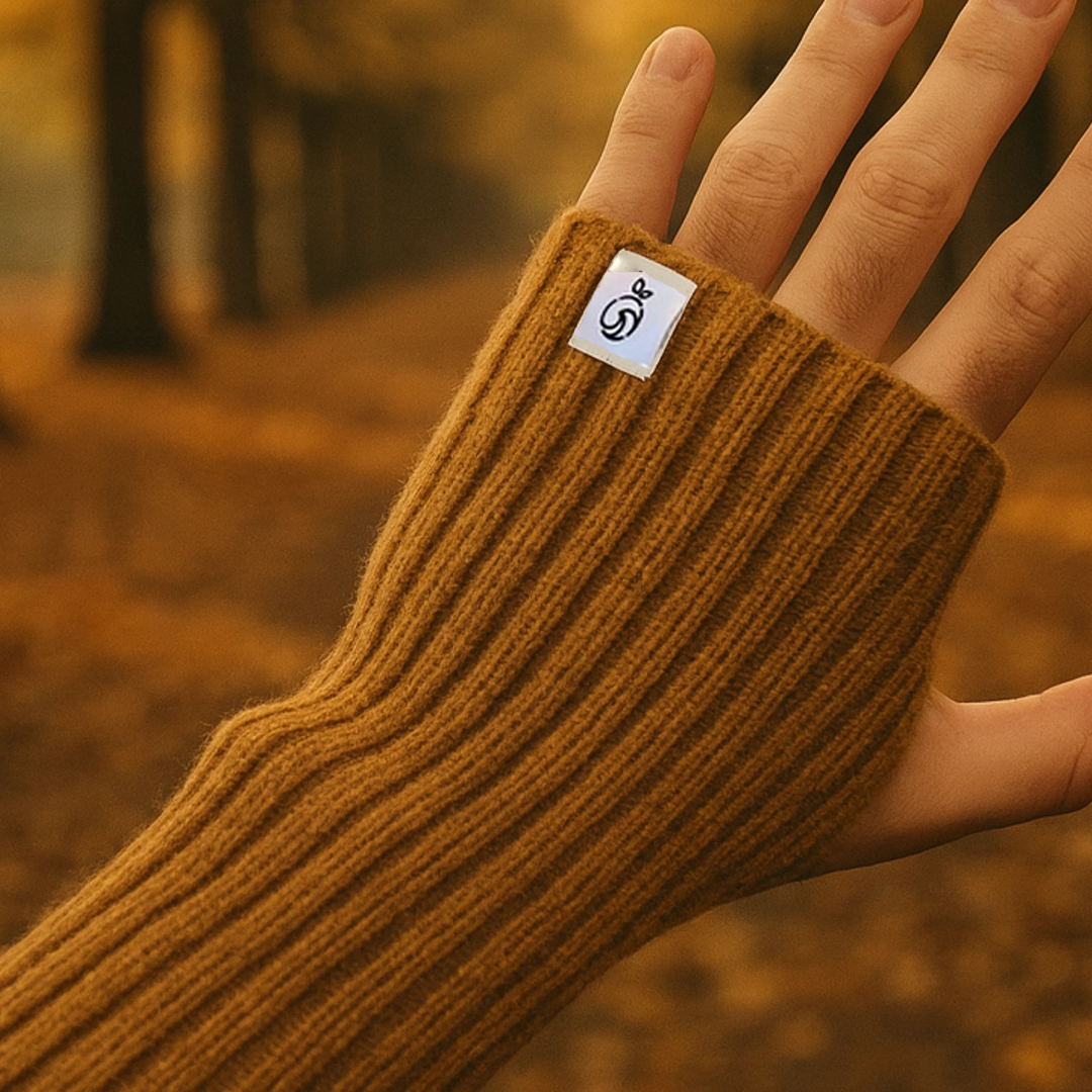 Brown knitted fingerless glove with a brand logo against a blurred autumn background