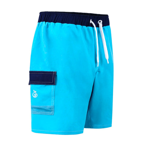 Side view of blue Wave swim shorts with a side pocket for boys
