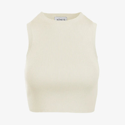 Detail view of the Women's Camille Ribbed Crop Top's ribbed texture in ivory