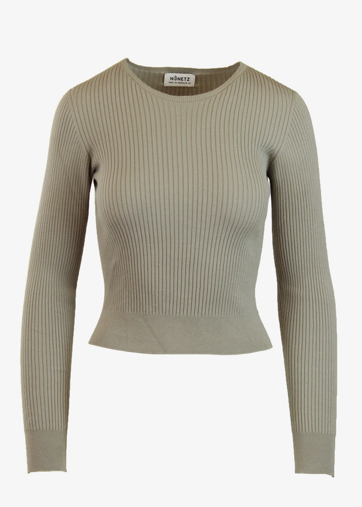 Womens Tan/Gray Ribbed Long Sleeve Sweater Top