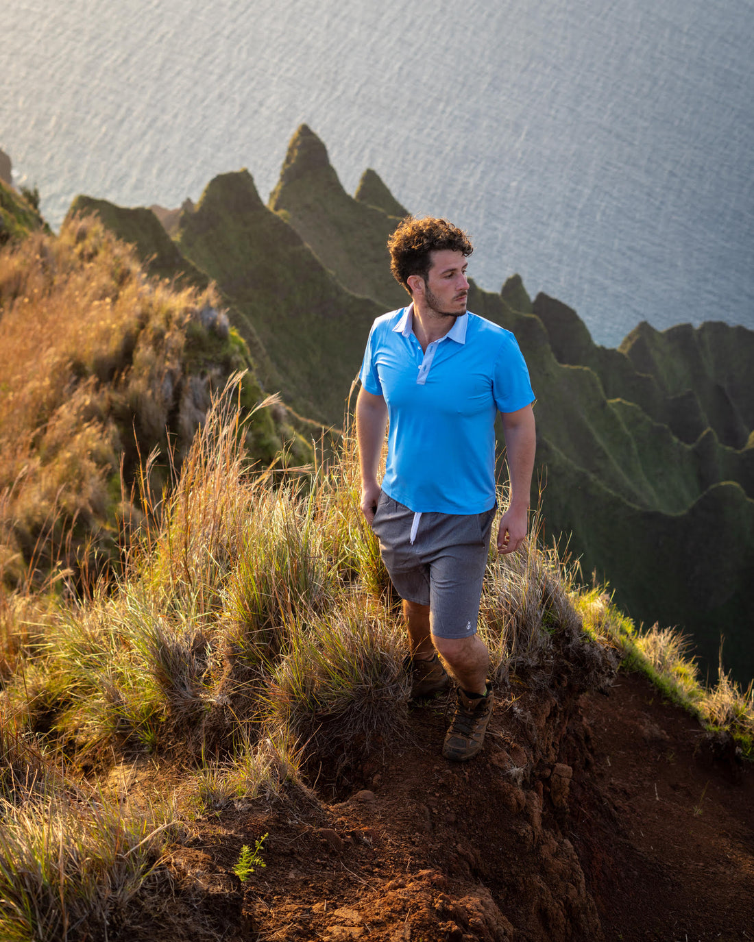 eco-friendly fashion man on moutainside