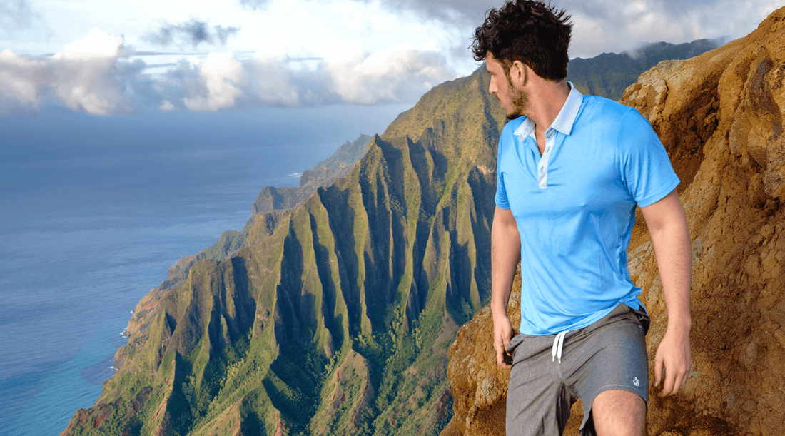 Comfortable clothing man on the side of a mountain