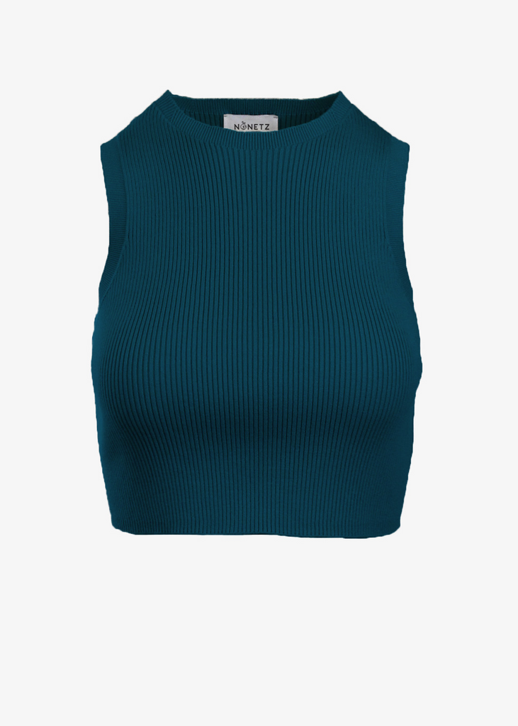 Womens Peacock Blue Ribbed Crop Top