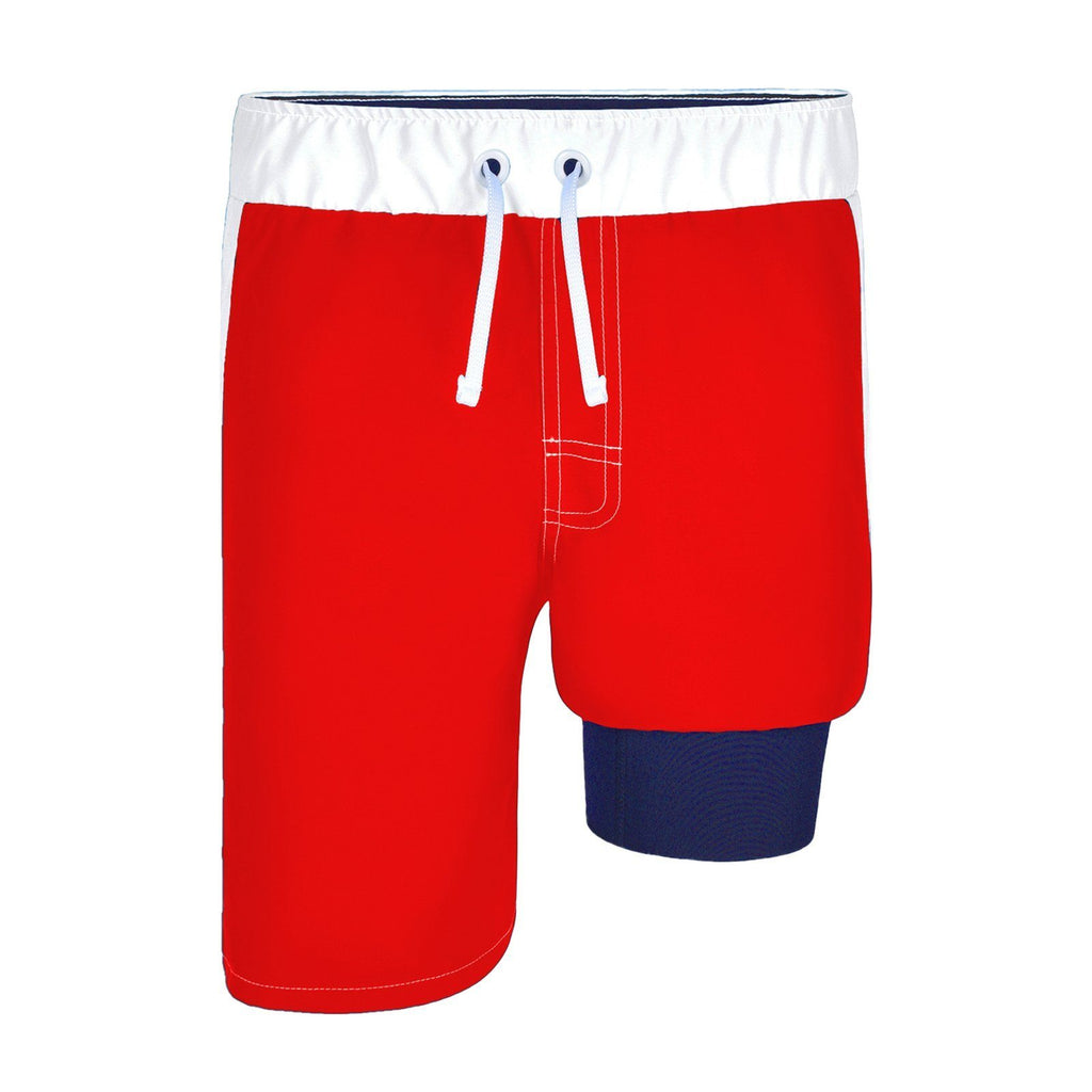 Boys Slim Fit 6.5" Inseam Made in the USA Anti Chafe Swim Trunks Red/White